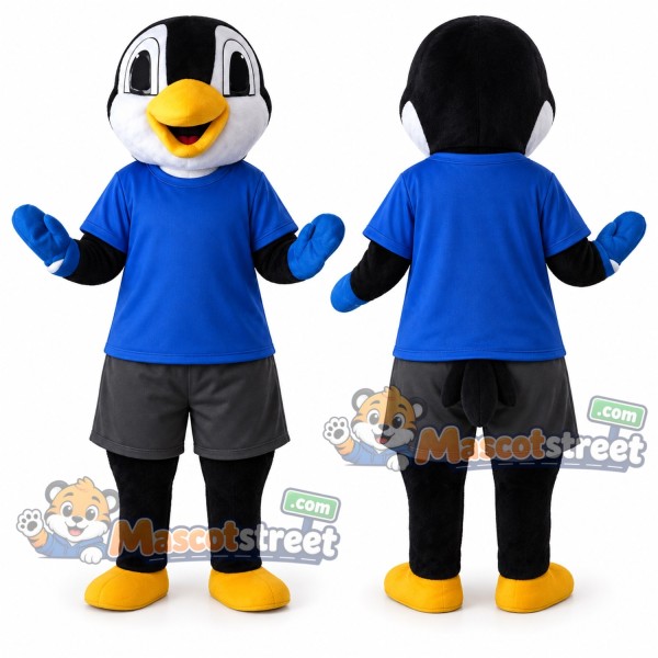 Black and White Penguin Mascot Costume with Blue Shirt