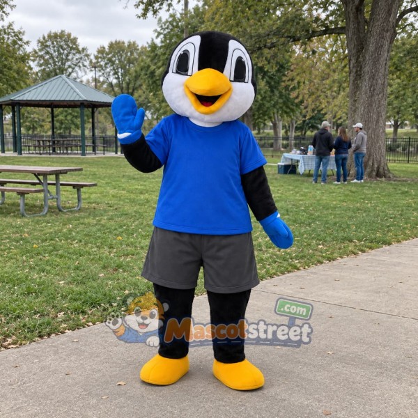 Black and White Penguin Mascot Costume with Blue Shirt Black and White Penguin Mascot Costume with Blue Shirt