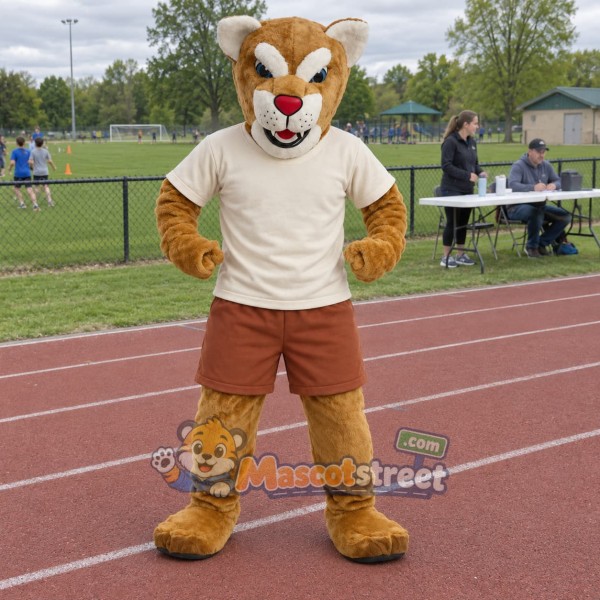Tan Cougar Mascot Costume with Cream Shirt