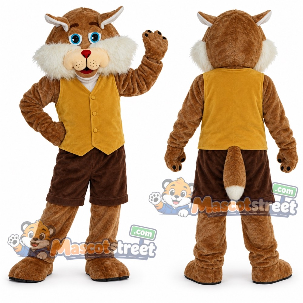 Brown and White Bobcat Mascot Costume with Yellow Vest