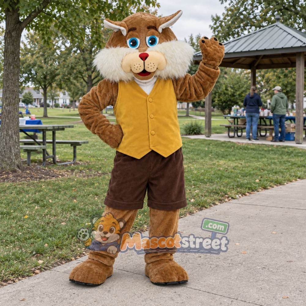 Brown and White Bobcat Mascot Costume with Yellow Vest
