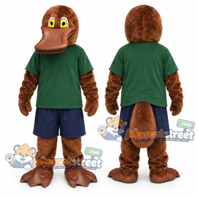 Brown Platypus Mascot Costume with Green Shirt Brown Platypus Mascot Costume with Green Shirt