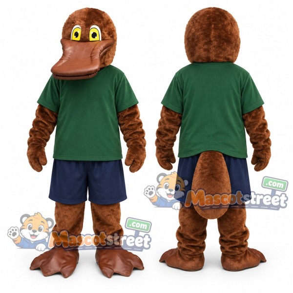 Brown Platypus Mascot Costume with Green Shirt