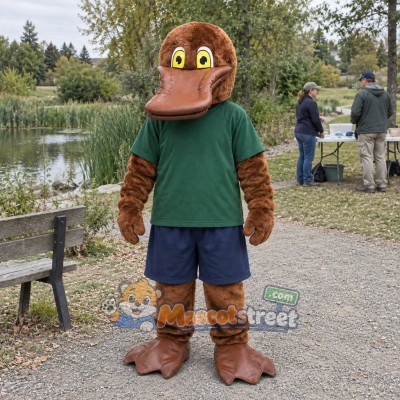 Brown Platypus Mascot Costume with Green Shirt Brown Platypus Mascot Costume with Green Shirt