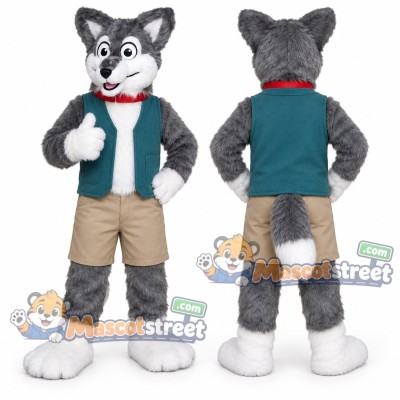 Gray and White Wolf Mascot Costume with Teal Vest Gray and White Wolf Mascot Costume with Teal Vest