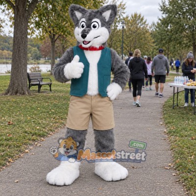 Gray and White Wolf Mascot Costume with Teal Vest Gray and White Wolf Mascot Costume with Teal Vest