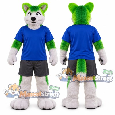 Green and White Wolf Mascot Costume with Blue Shirt Green and White Wolf Mascot Costume with Blue Shirt