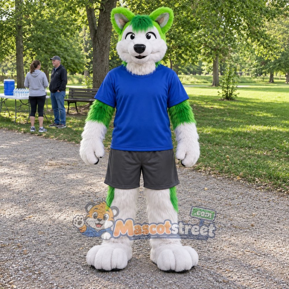 Green and White Wolf Mascot Costume with Blue Shirt Green and White Wolf Mascot Costume with Blue Shirt