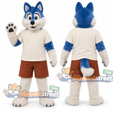 Blue and White Wolf Mascot Costume with Cream Shirt Blue and White Wolf Mascot Costume with Cream Shirt