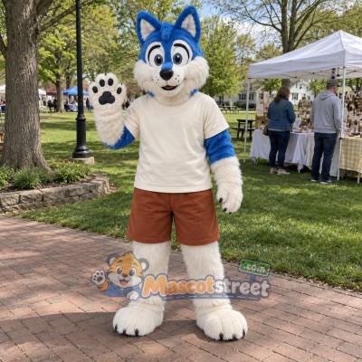 Blue and White Wolf Mascot Costume with Cream Shirt Blue and White Wolf Mascot Costume with Cream Shirt