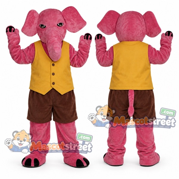 Pink Elephant Mascot Costume with Yellow Vest