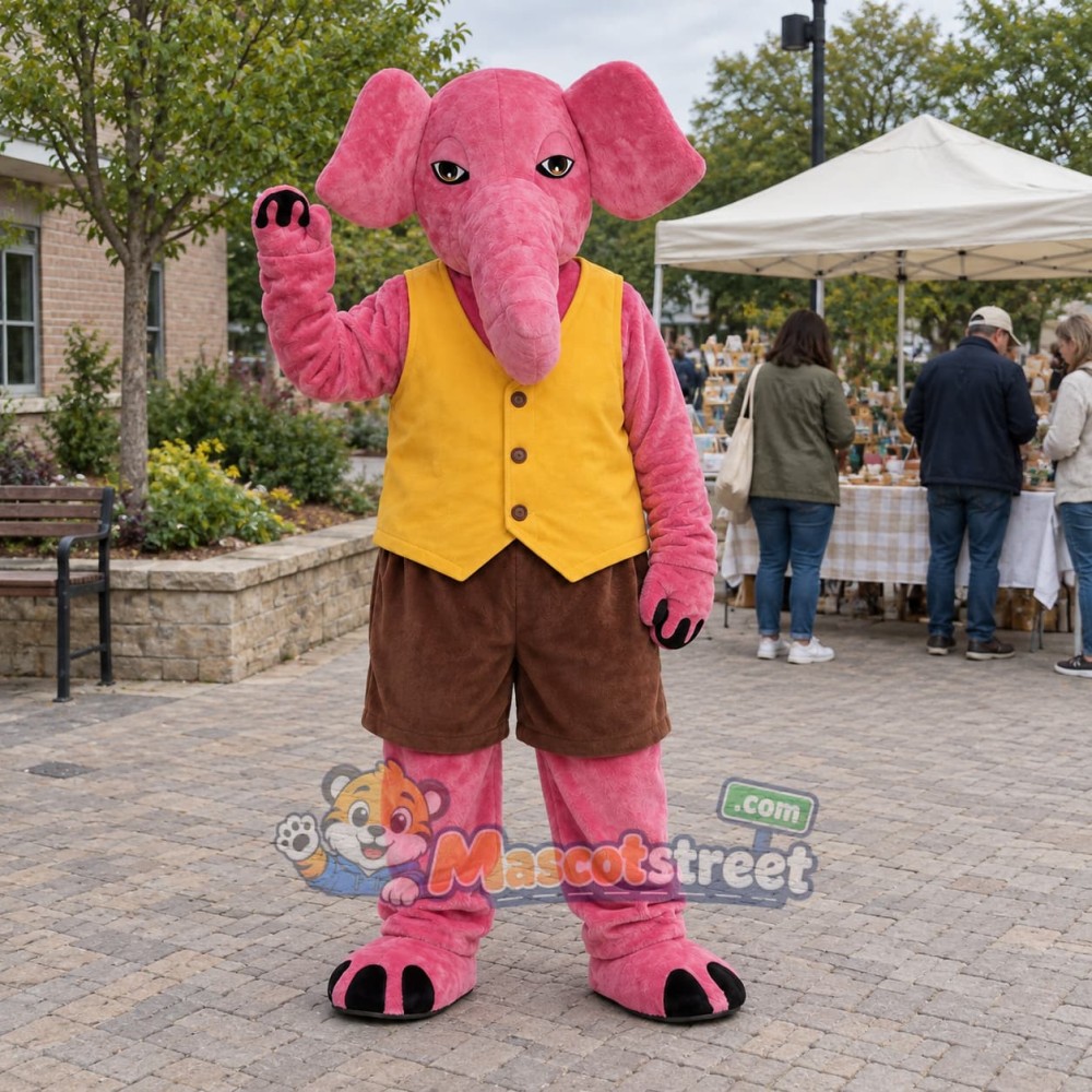 Pink Elephant Mascot Costume with Yellow Vest Pink Elephant Mascot Costume with Yellow Vest
