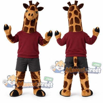 Giraffe Mascot Costume with Burgundy Sweatshirt Giraffe Mascot Costume with Burgundy Sweatshirt
