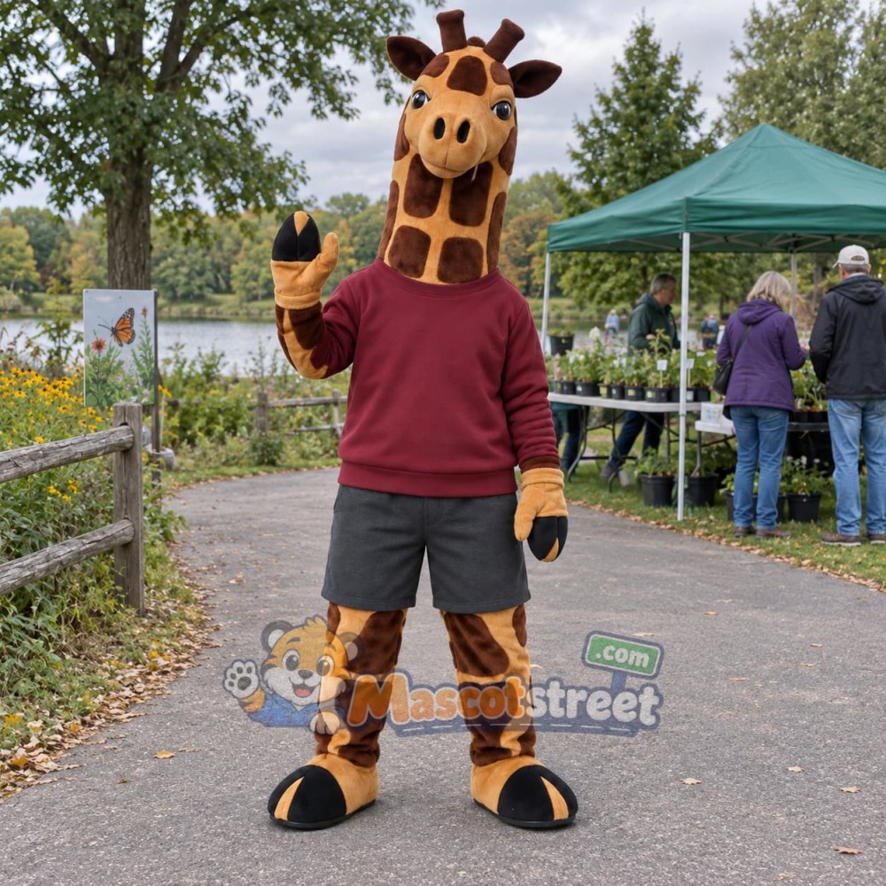 Giraffe Mascot Costume with Burgundy Sweatshirt Giraffe Mascot Costume with Burgundy Sweatshirt