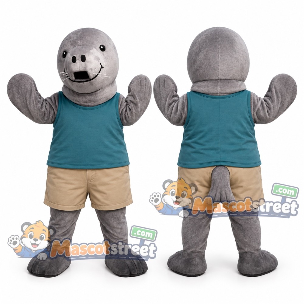 Gray Sea Lion Mascot Costume with Teal Shirt Gray Sea Lion Mascot Costume with Teal Shirt