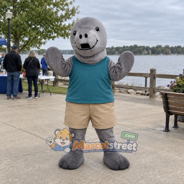 Gray Sea Lion Mascot Costume with Teal Shirt