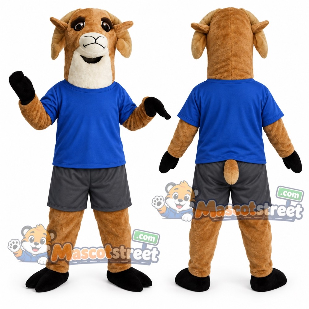 Tan Goat Mascot Costume with Blue Shirt Tan Goat Mascot Costume with Blue Shirt