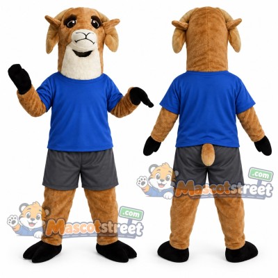Tan Goat Mascot Costume with Blue Shirt Tan Goat Mascot Costume with Blue Shirt