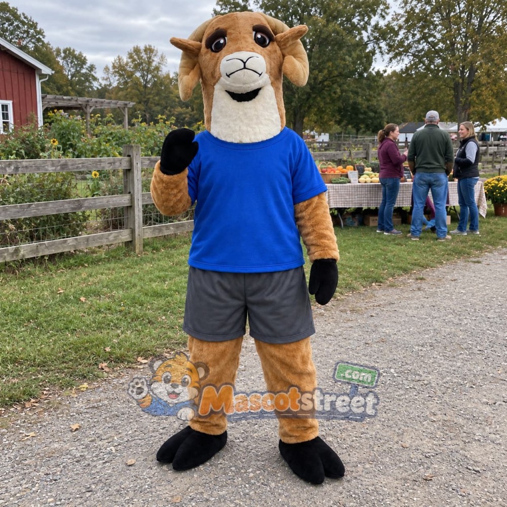Tan Goat Mascot Costume with Blue Shirt Tan Goat Mascot Costume with Blue Shirt