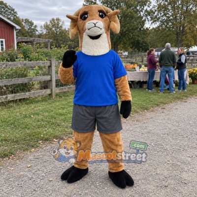 Tan Goat Mascot Costume with Blue Shirt Tan Goat Mascot Costume with Blue Shirt