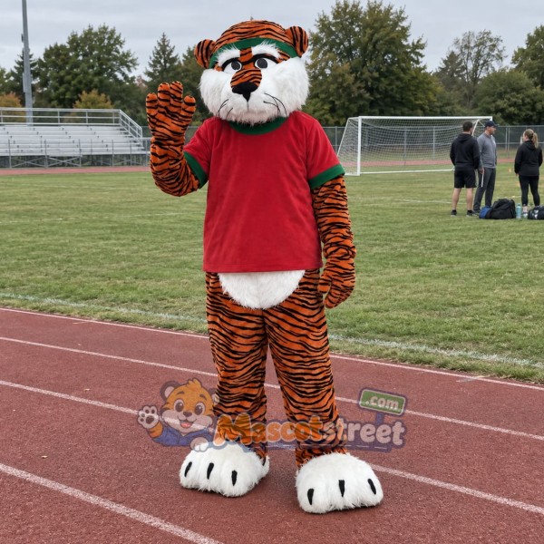 Orange Tiger Mascot Costume with Red Shirt
