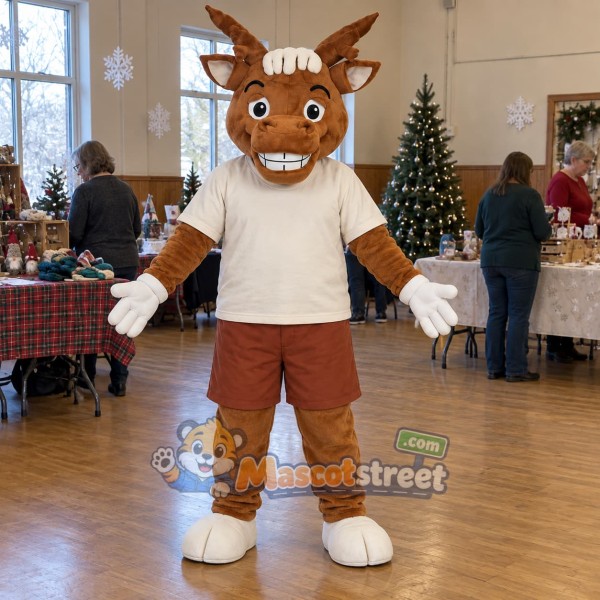 Brown Reindeer Mascot Costume with Cream Shirt
