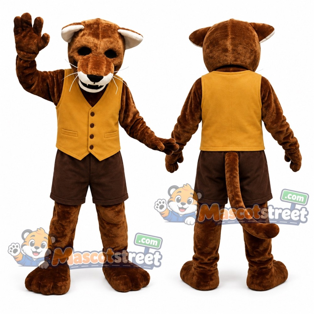 Brown Wildcat Mascot Costume with Yellow Vest Brown Wildcat Mascot Costume with Yellow Vest