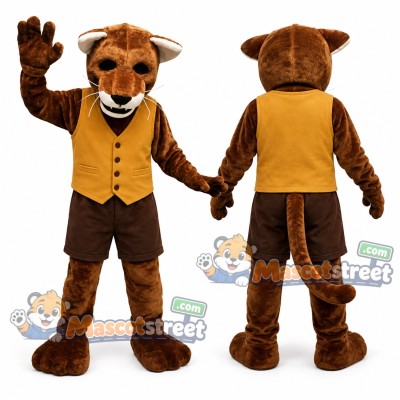 Brown Wildcat Mascot Costume with Yellow Vest Brown Wildcat Mascot Costume with Yellow Vest