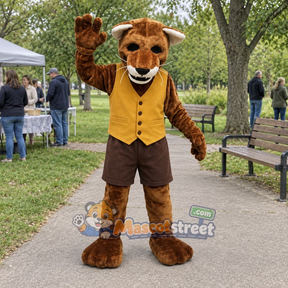 Brown Wildcat Mascot Costume with Yellow Vest Brown Wildcat Mascot Costume with Yellow Vest