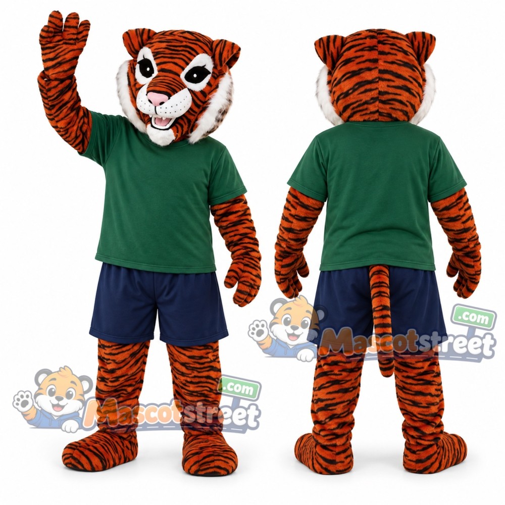 Orange Tiger Mascot Costume with Green Shirt Orange Tiger Mascot Costume with Green Shirt