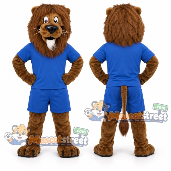 Brown Lion Mascot Costume with Blue Shirt