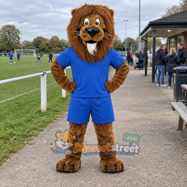 Brown Lion Mascot Costume with Blue Shirt