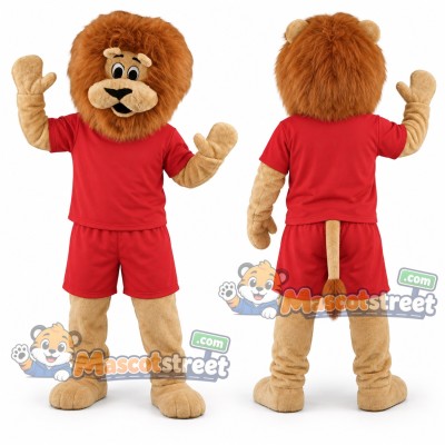 Tan Lion Mascot Costume with Red Shirt