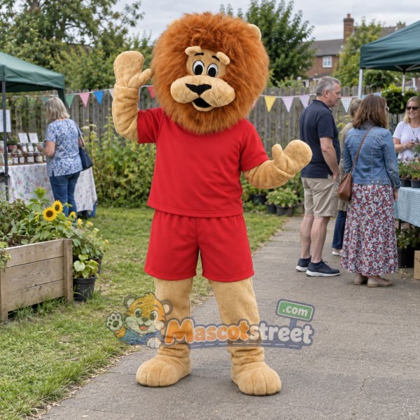 Tan Lion Mascot Costume with Red Shirt