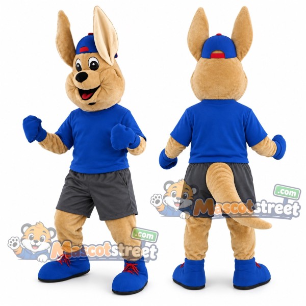 Tan Kangaroo Mascot Costume with Blue Shirt and Cap
