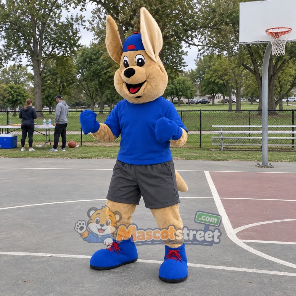 Tan Kangaroo Mascot Costume with Blue Shirt and Cap Tan Kangaroo Mascot Costume with Blue Shirt and Cap