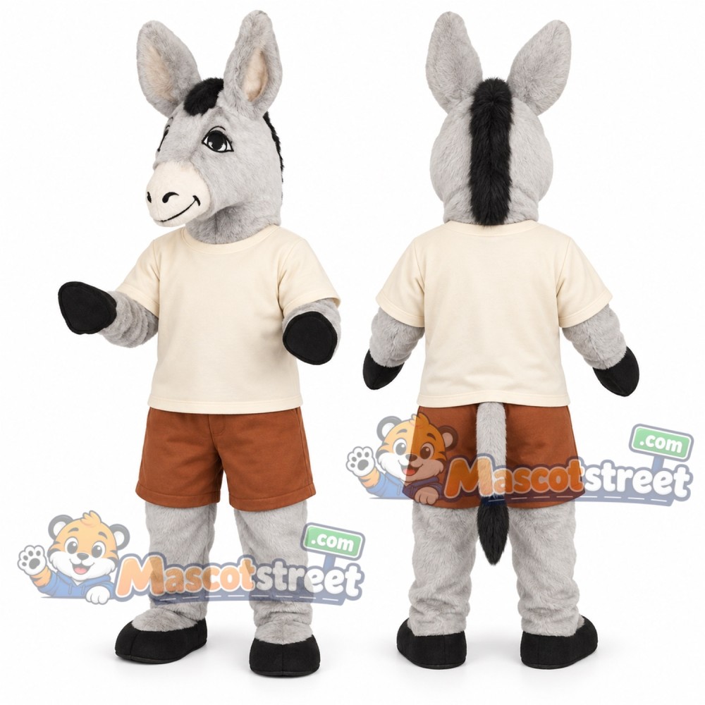 Gray Donkey Mascot Costume with Cream Shirt Gray Donkey Mascot Costume with Cream Shirt