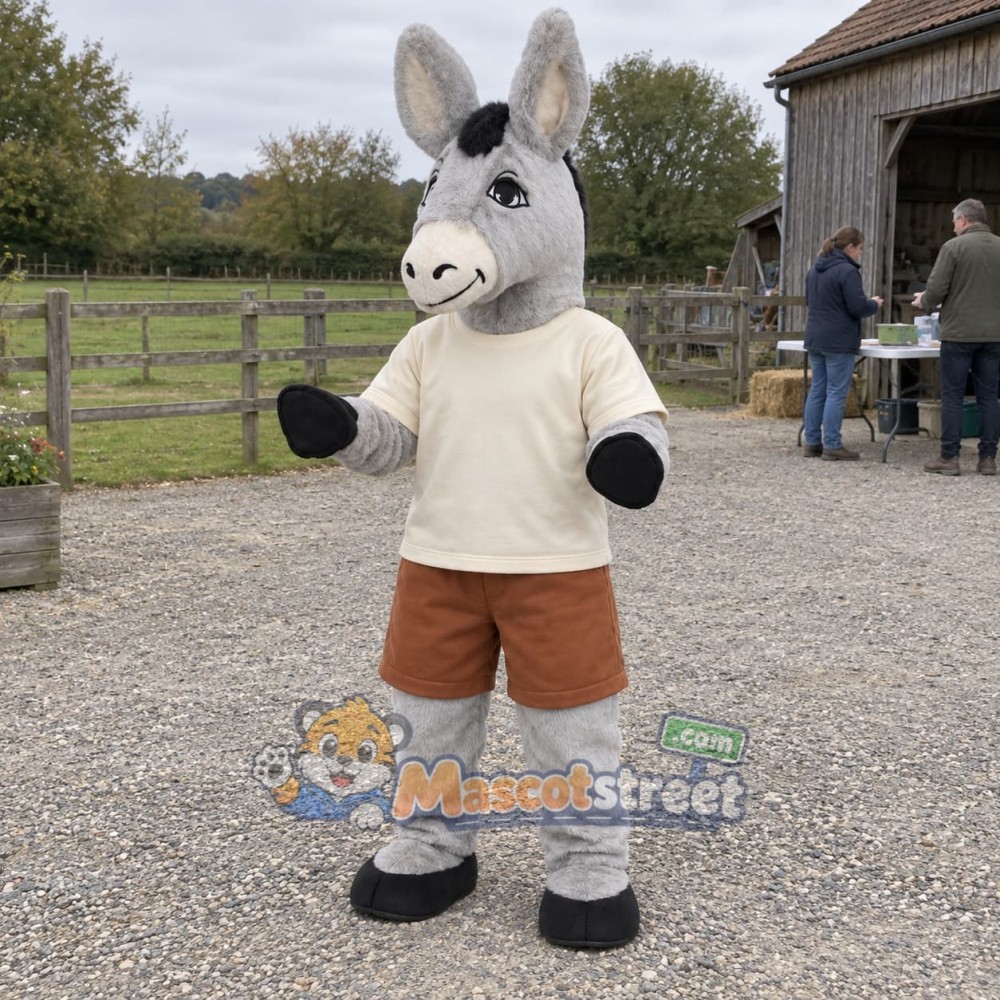 Gray Donkey Mascot Costume with Cream Shirt Gray Donkey Mascot Costume with Cream Shirt