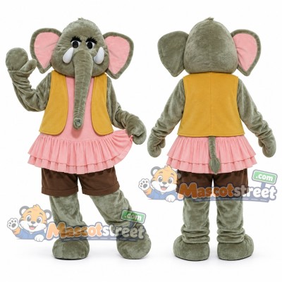 Gray Elephant Mascot Costume with Yellow Vest and Pink Skirt Gray Elephant Mascot Costume with Yellow Vest and Pink Skirt