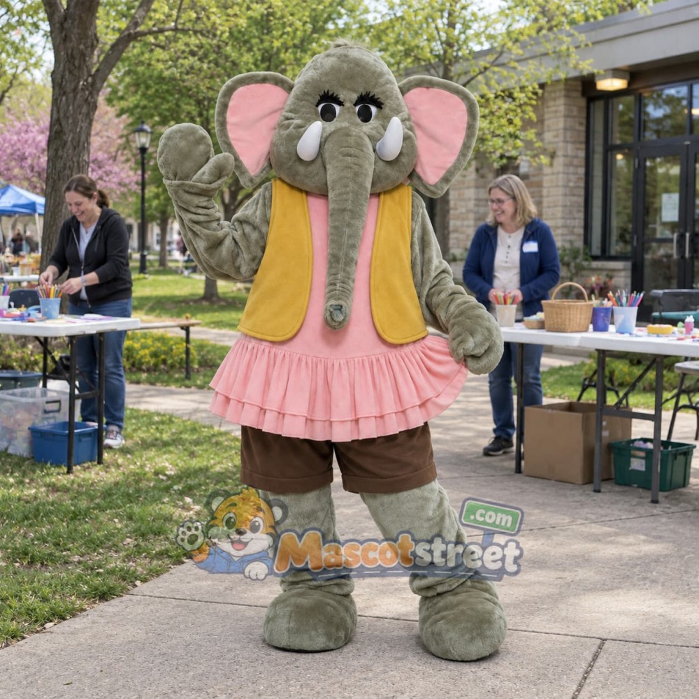 Gray Elephant Mascot Costume with Yellow Vest and Pink Skirt Gray Elephant Mascot Costume with Yellow Vest and Pink Skirt