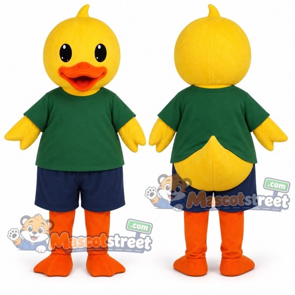 Yellow Duck Mascot Costume with Green Shirt