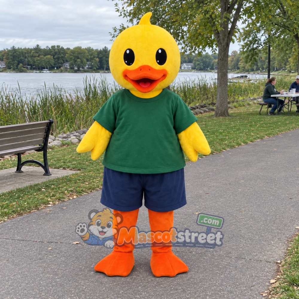 Yellow Duck Mascot Costume with Green Shirt