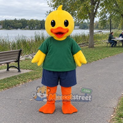 Yellow Duck Mascot Costume with Green Shirt