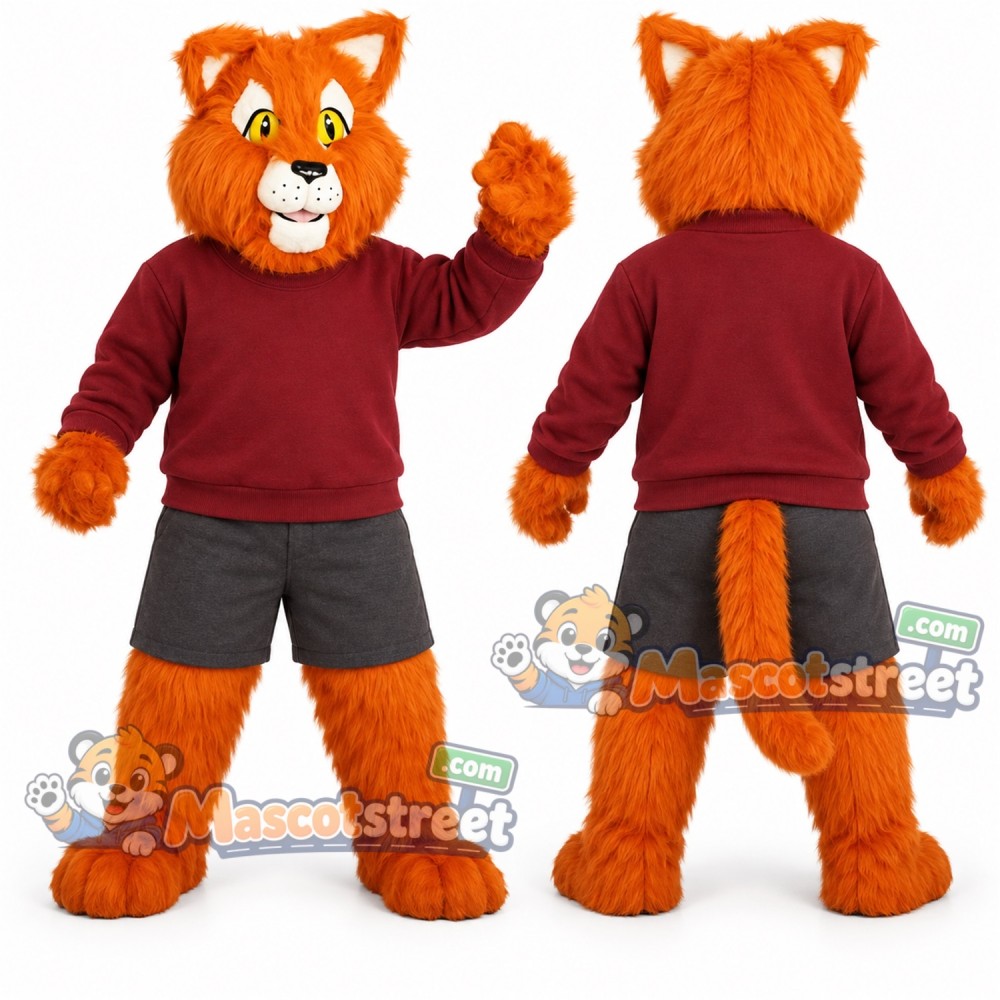 Orange Cat Mascot Costume with Burgundy Sweatshirt Orange Cat Mascot Costume with Burgundy Sweatshirt