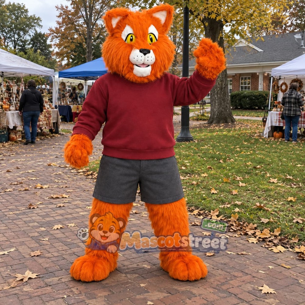 Orange Cat Mascot Costume with Burgundy Sweatshirt Orange Cat Mascot Costume with Burgundy Sweatshirt