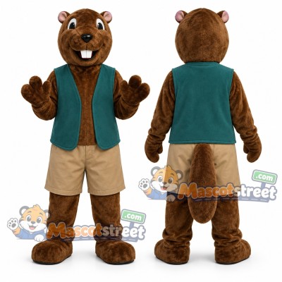 Brown Groundhog Mascot Costume with Teal Vest Brown Groundhog Mascot Costume with Teal Vest
