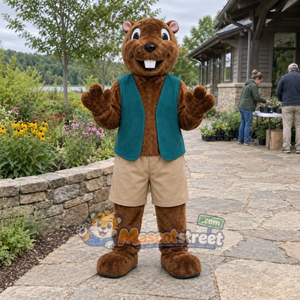Brown Groundhog Mascot Costume with Teal Vest