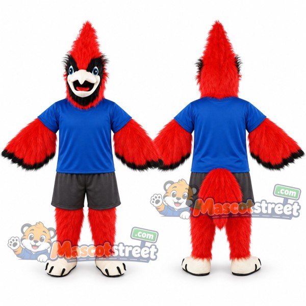 Red Cardinal Bird Mascot Costume with Blue Shirt