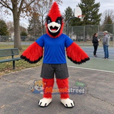 Red Cardinal Bird Mascot Costume with Blue Shirt
