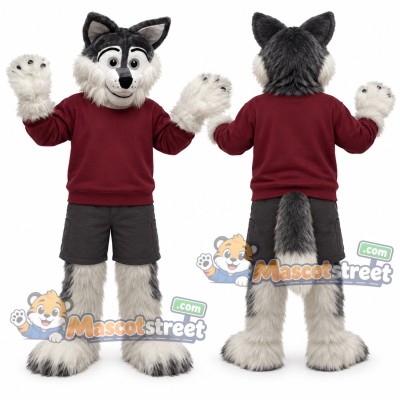 Gray and White Wolf Mascot Costume with Burgundy Sweatshirt Gray and White Wolf Mascot Costume with Burgundy Sweatshirt